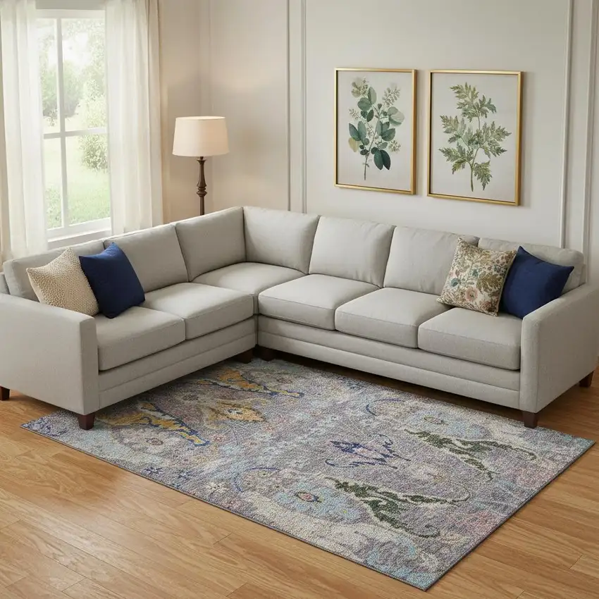 Gray Blue And Gold Floral Washable Area Rug With UV Protection Photo 2