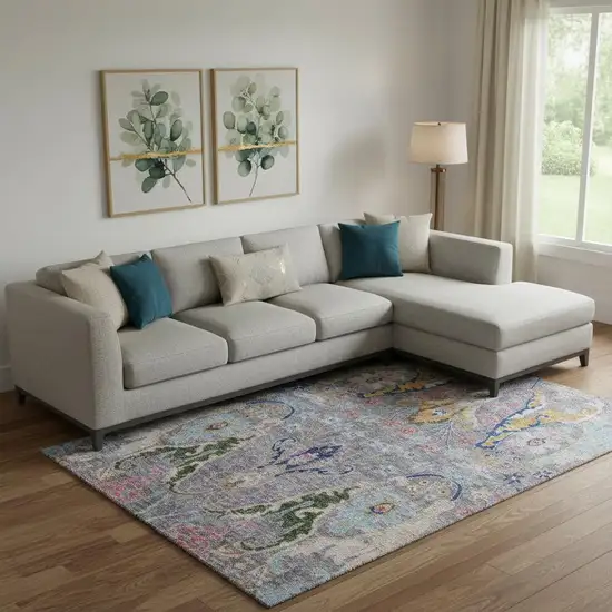 Gray Blue And Gold Floral Washable Area Rug With UV Protection Photo 2