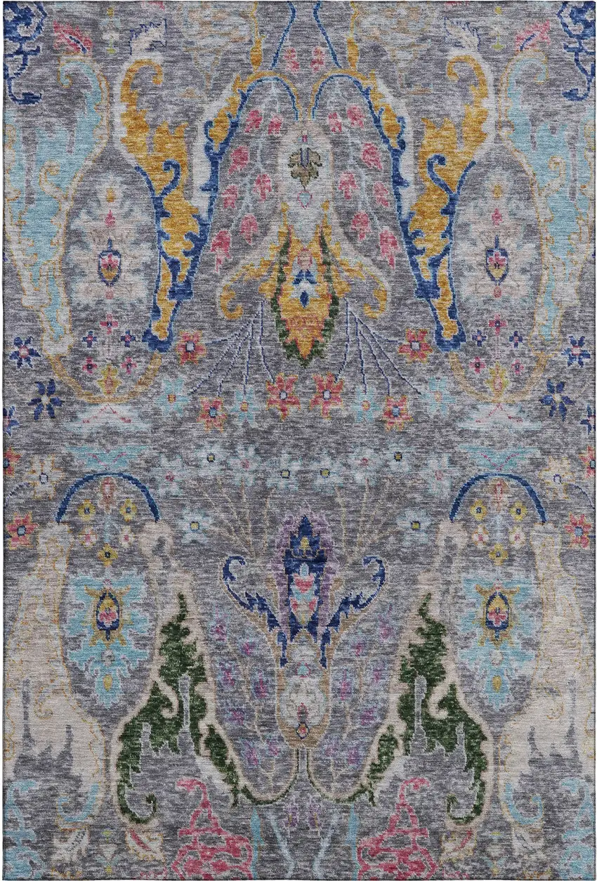 Gray Blue And Gold Floral Washable Area Rug With UV Protection Photo 1
