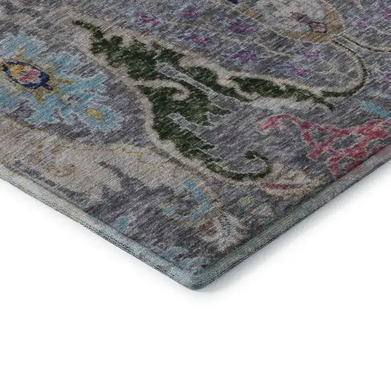 Gray Blue And Gold Floral Washable Area Rug With UV Protection Photo 8