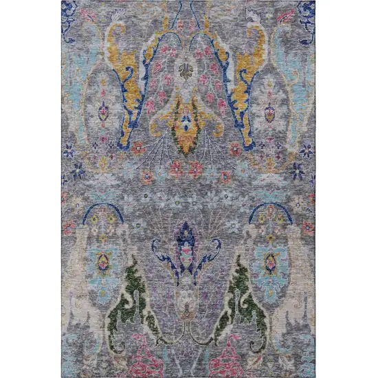Gray Blue And Gold Floral Washable Area Rug With UV Protection Photo 4