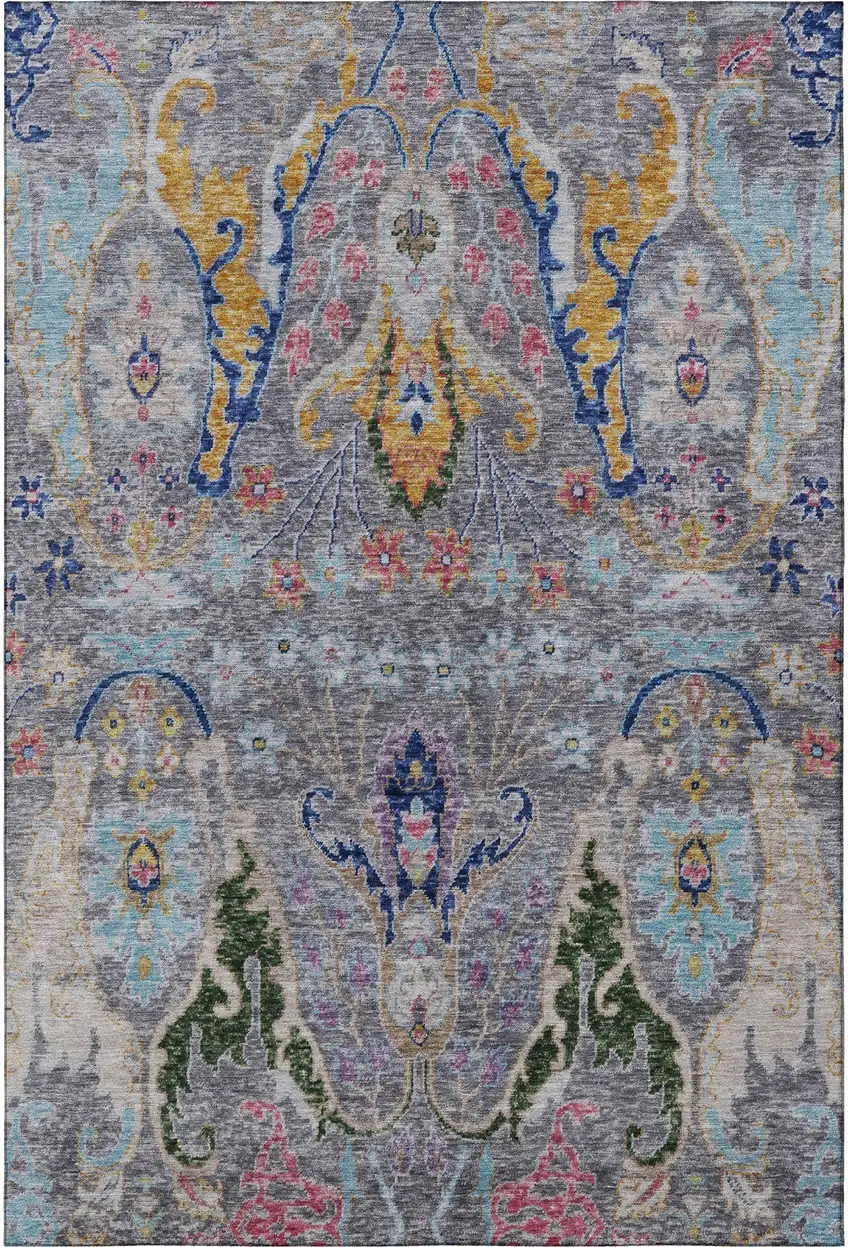 Gray Blue And Gold Floral Washable Area Rug With UV Protection Photo 4