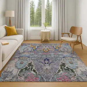 Photo of Gray Blue And Gold Floral Washable Area Rug With UV Protection