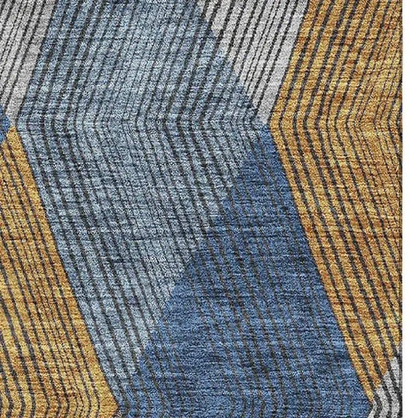 Gray Blue And Gold Geometric Washable Area Rug With UV Protection Photo 2