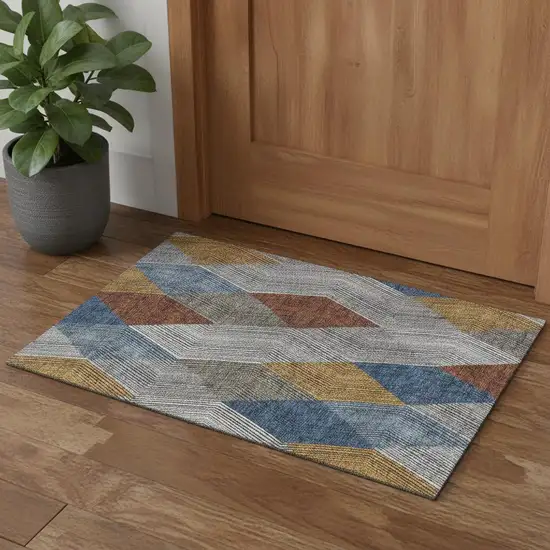 Gray Blue And Gold Geometric Washable Area Rug With UV Protection Photo 1