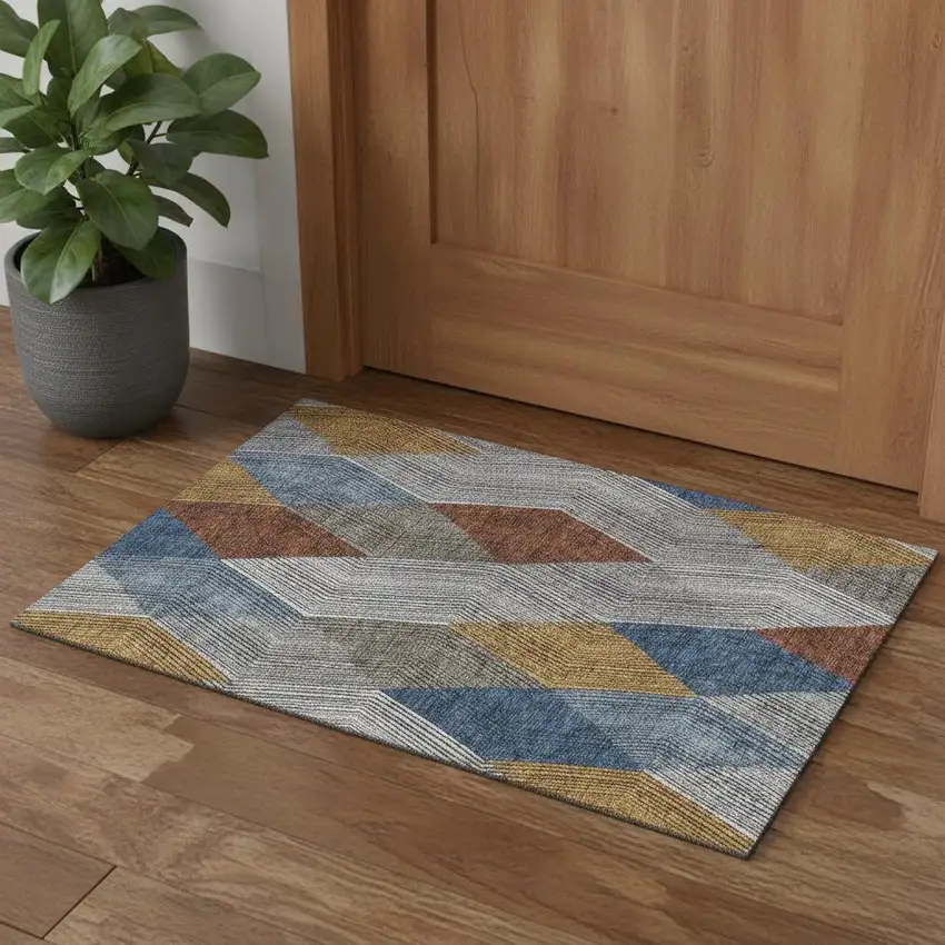 Gray Blue And Gold Geometric Washable Area Rug With UV Protection Photo 1