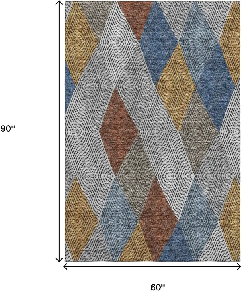 Gray Blue And Gold Geometric Washable Area Rug With UV Protection Photo 9