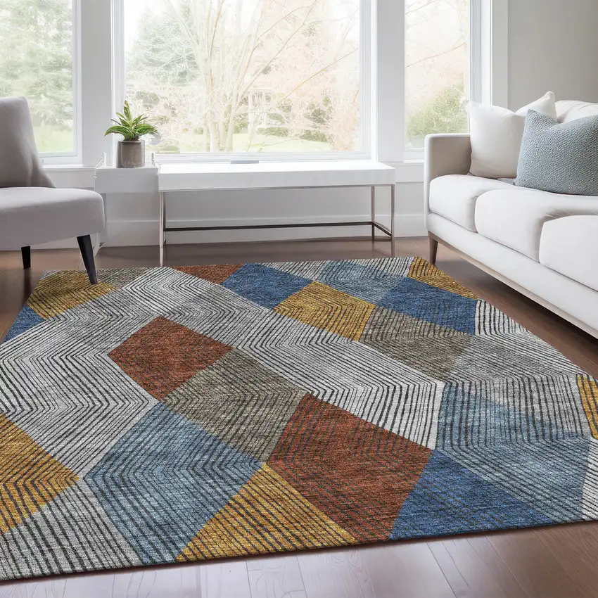 Gray Blue And Gold Geometric Washable Area Rug With UV Protection Photo 5