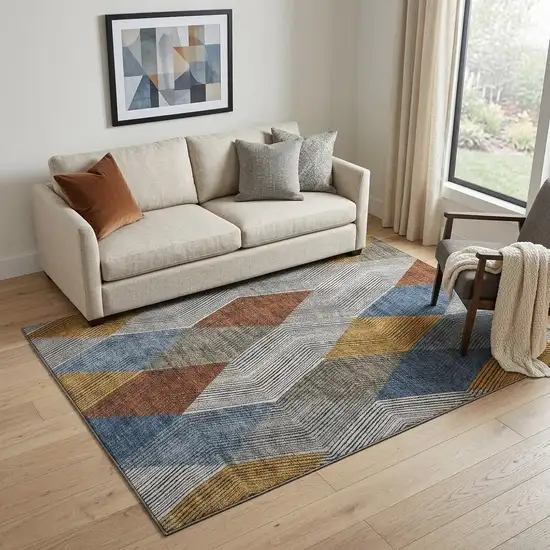 Gray Blue And Gold Geometric Washable Area Rug With UV Protection Photo 1