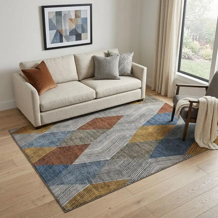 Gray Blue And Gold Geometric Washable Area Rug With UV Protection Photo 1