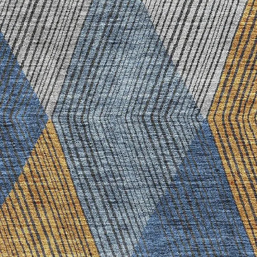 Gray Blue And Gold Geometric Washable Area Rug With UV Protection Photo 2