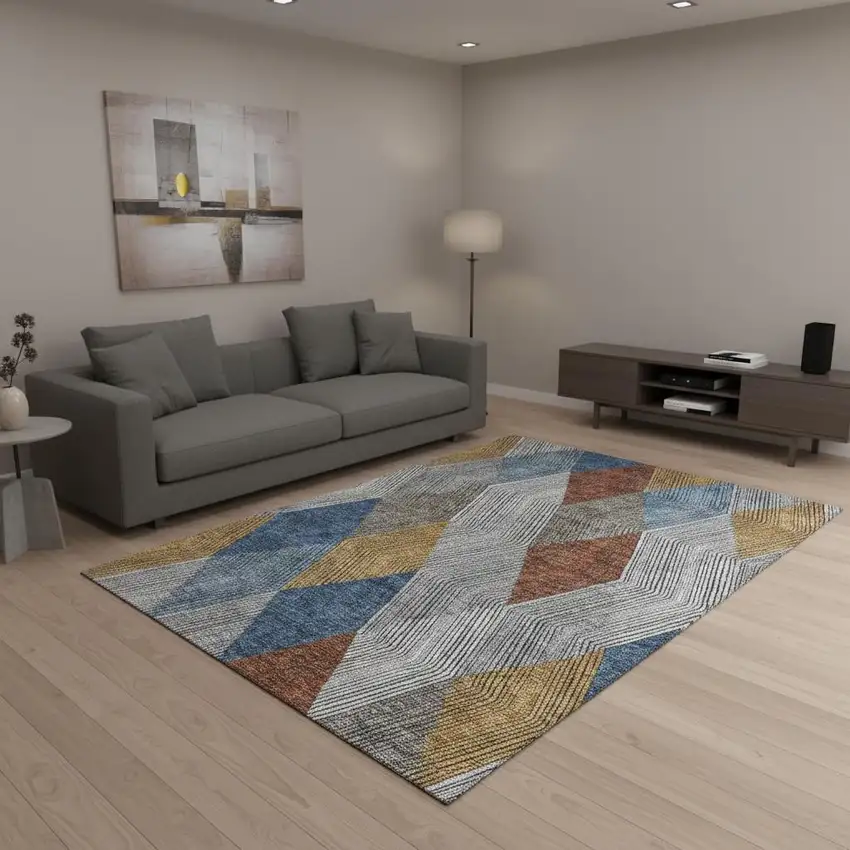 Gray Blue And Gold Geometric Washable Area Rug With UV Protection Photo 2