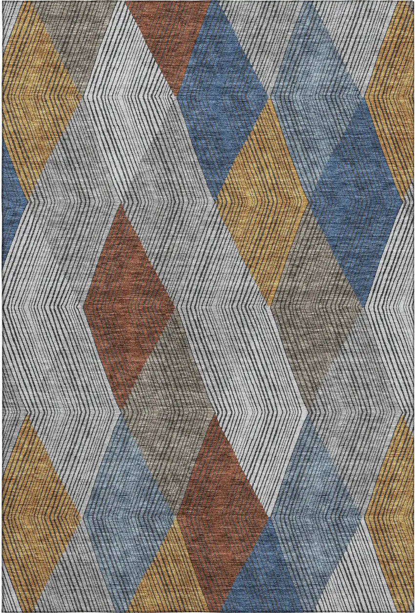 Gray Blue And Gold Geometric Washable Area Rug With UV Protection Photo 1