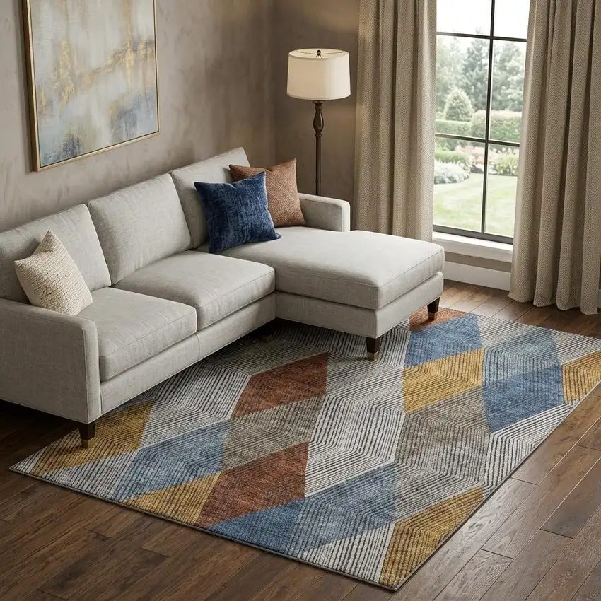 Gray Blue And Gold Geometric Washable Area Rug With UV Protection Photo 1