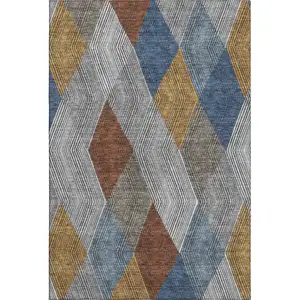 Photo of Gray Blue And Gold Geometric Washable Area Rug With UV Protection