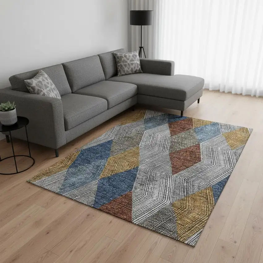 Gray Blue And Gold Geometric Washable Area Rug With UV Protection Photo 2