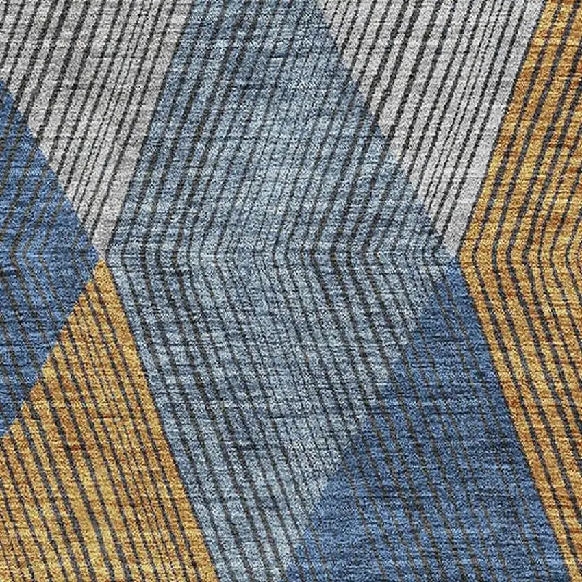 Gray Blue And Gold Geometric Washable Area Rug With UV Protection Photo 2