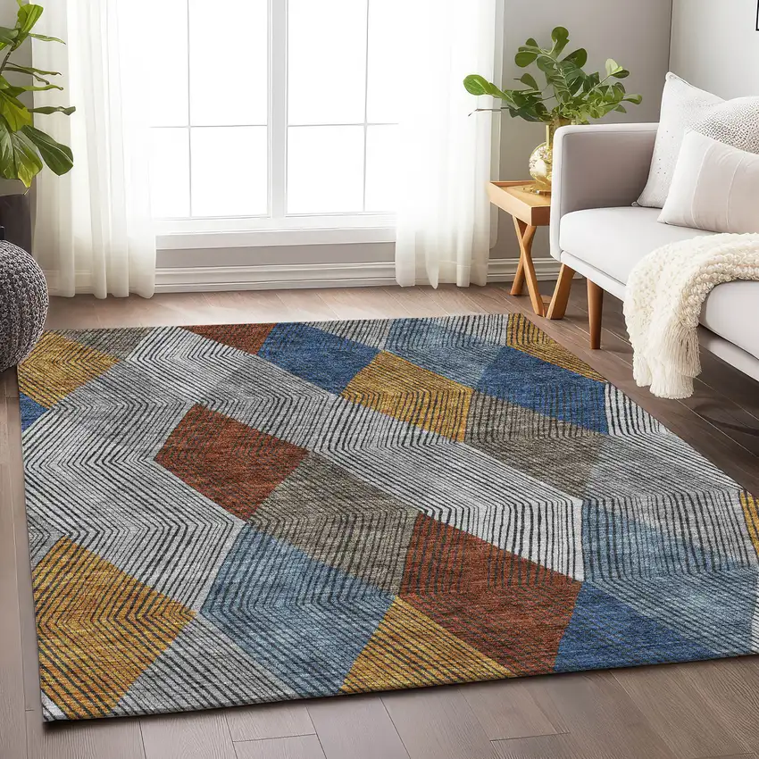 Gray Blue And Gold Geometric Washable Area Rug With UV Protection Photo 4