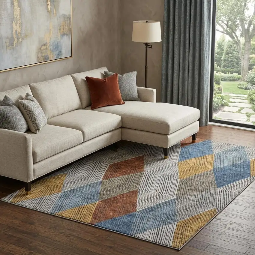 Gray Blue And Gold Geometric Washable Area Rug With UV Protection Photo 1