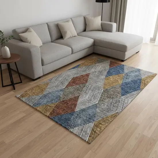 Gray Blue And Gold Geometric Washable Area Rug With UV Protection Photo 2