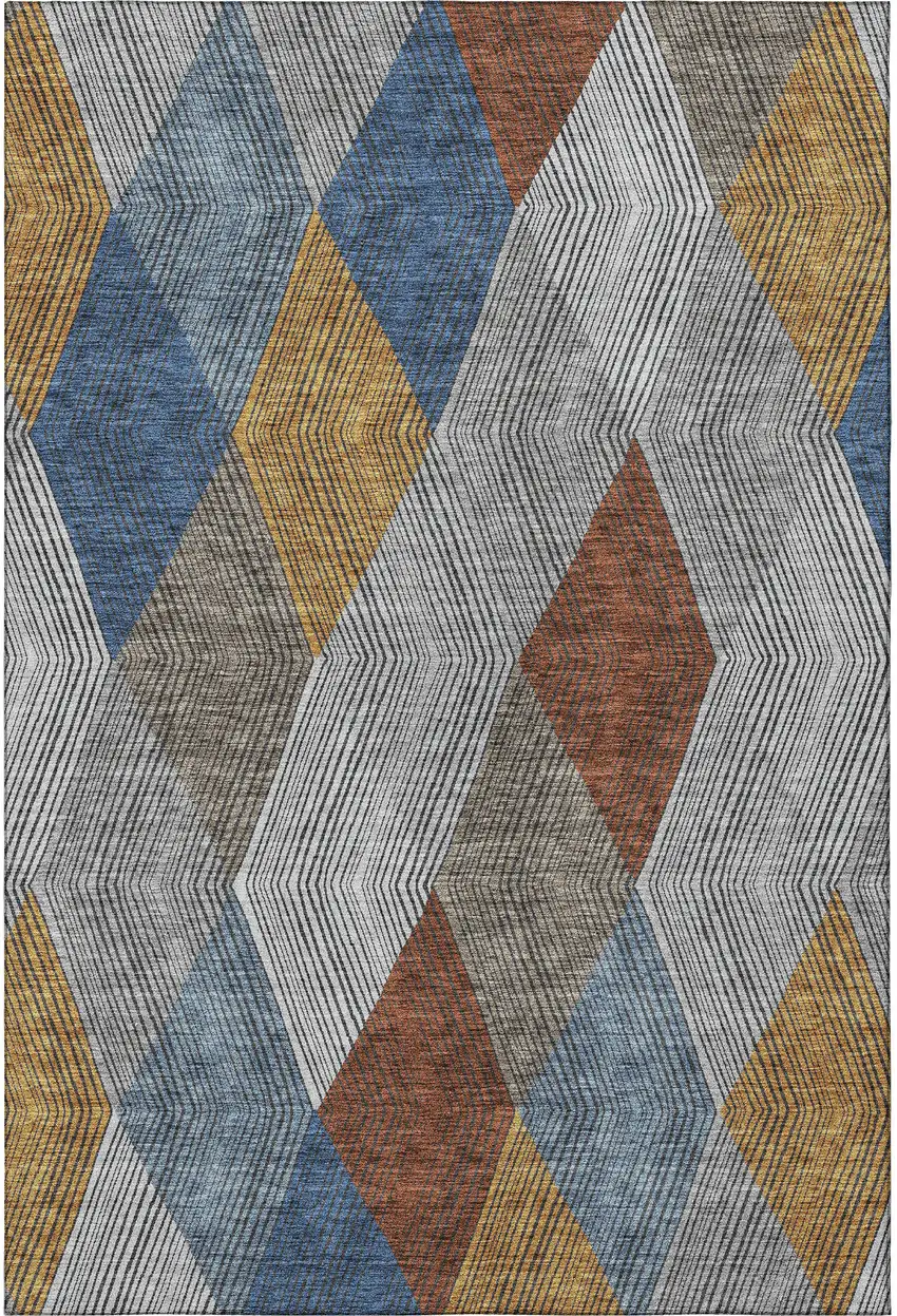 Gray Blue And Gold Geometric Washable Area Rug With UV Protection Photo 3