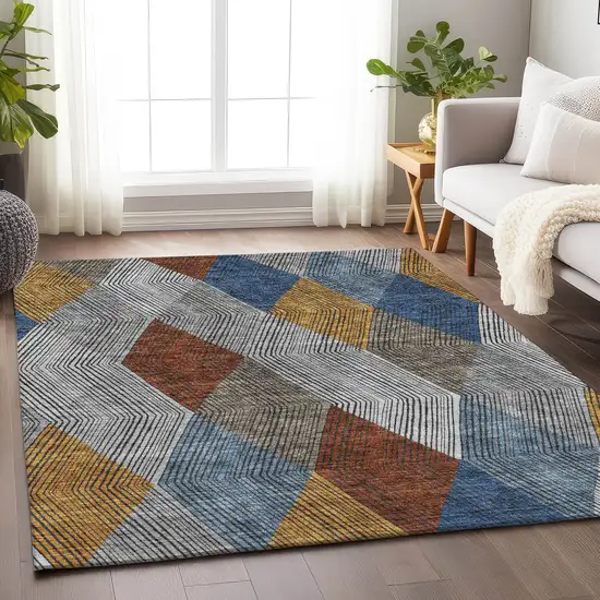 Gray Blue And Gold Geometric Washable Area Rug With UV Protection Photo 4