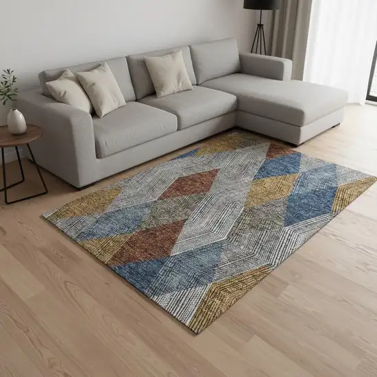 Gray Blue And Gold Geometric Washable Area Rug With UV Protection Photo 2