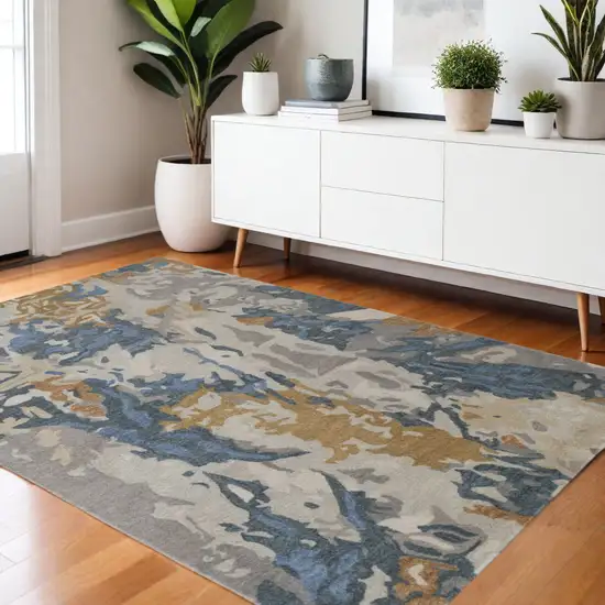 Gray Blue And Gold Wool Abstract Hand Tufted Area Rug Photo 1