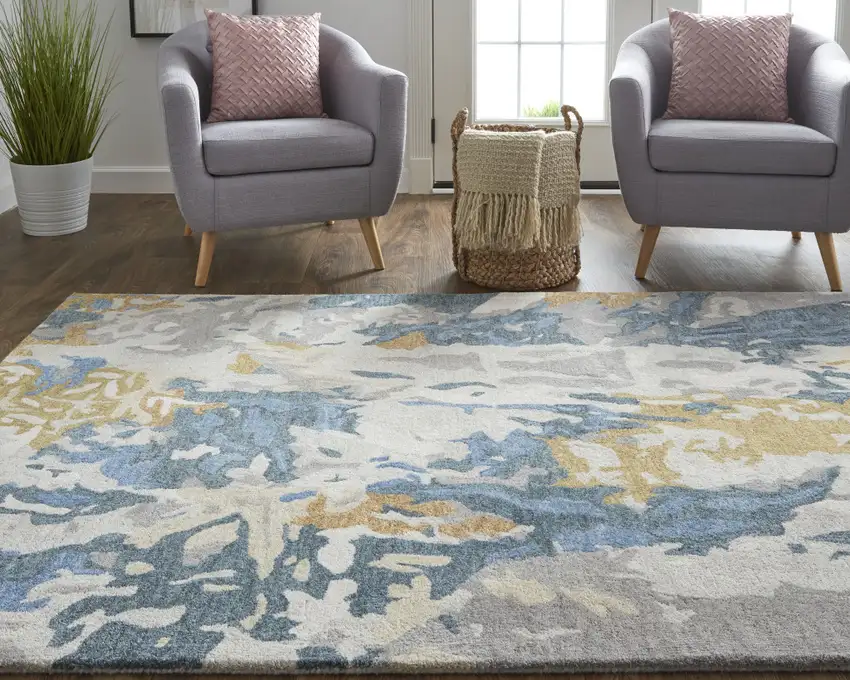 Gray Blue And Gold Wool Abstract Tufted Handmade Stain Resistant Area Rug Photo 9