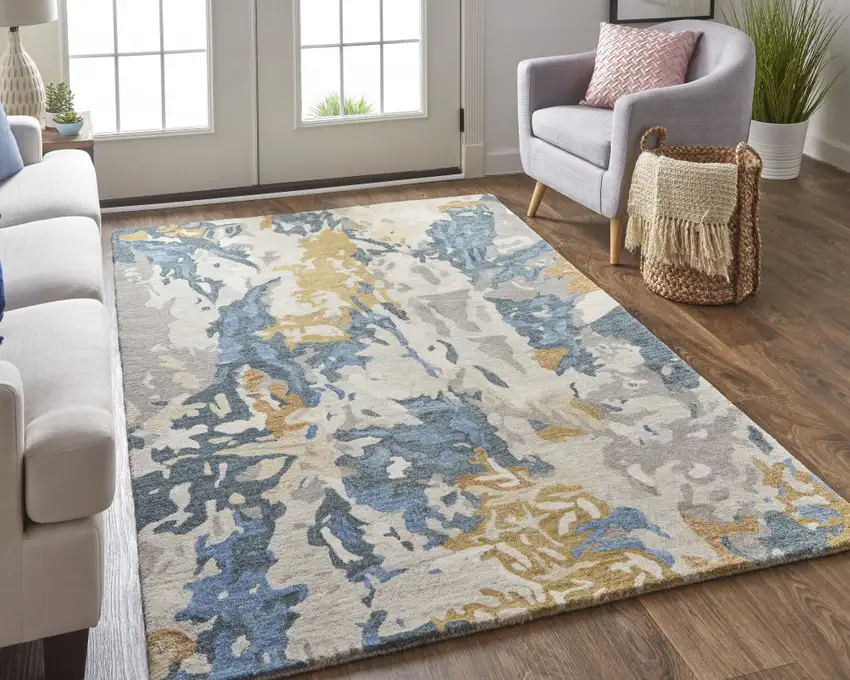 Gray Blue And Gold Wool Abstract Tufted Handmade Stain Resistant Area Rug Photo 7