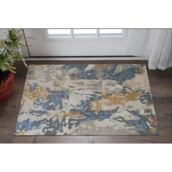 Gray Blue And Gold Wool Abstract Tufted Handmade Area Rug Photo 1