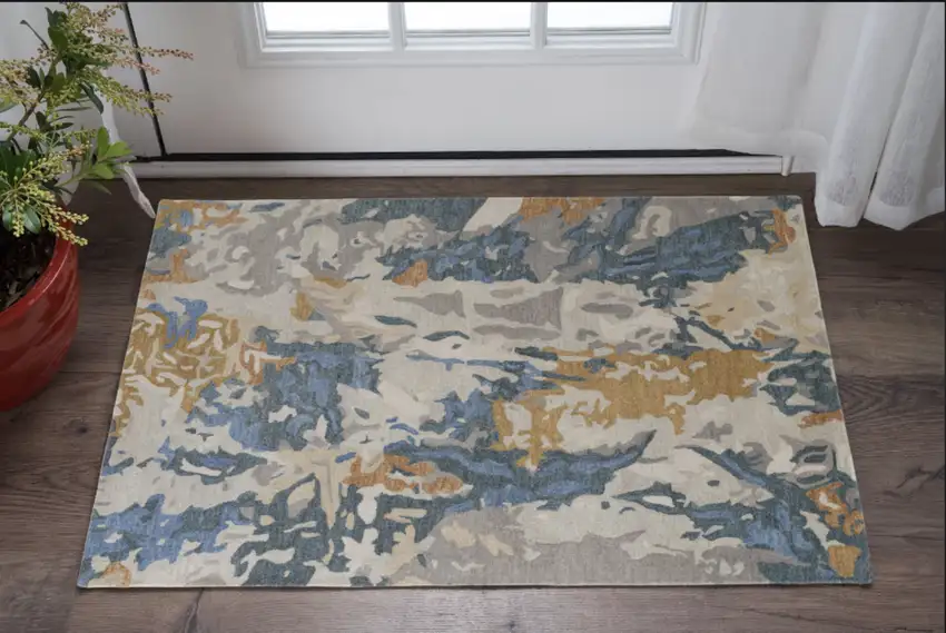 Gray Blue And Gold Wool Abstract Tufted Handmade Area Rug Photo 1