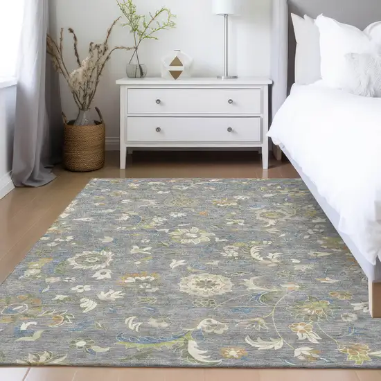 Gray Blue And Green Floral Washable Indoor Outdoor Area Rug Photo 9