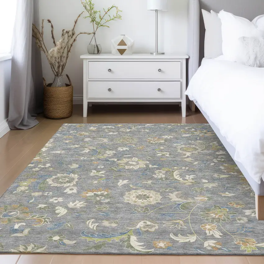 Gray Blue And Green Floral Washable Indoor Outdoor Area Rug Photo 9