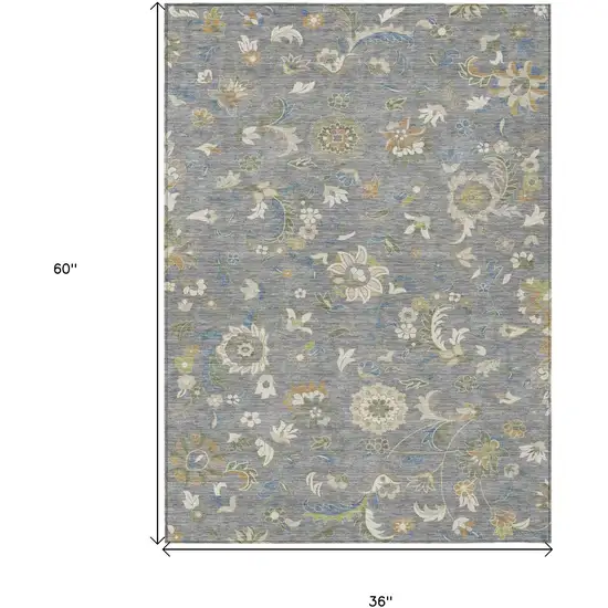 Gray Blue And Green Floral Washable Indoor Outdoor Area Rug Photo 3