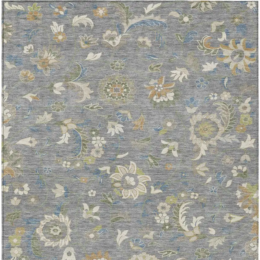 Gray Blue And Green Floral Washable Indoor Outdoor Area Rug Photo 6