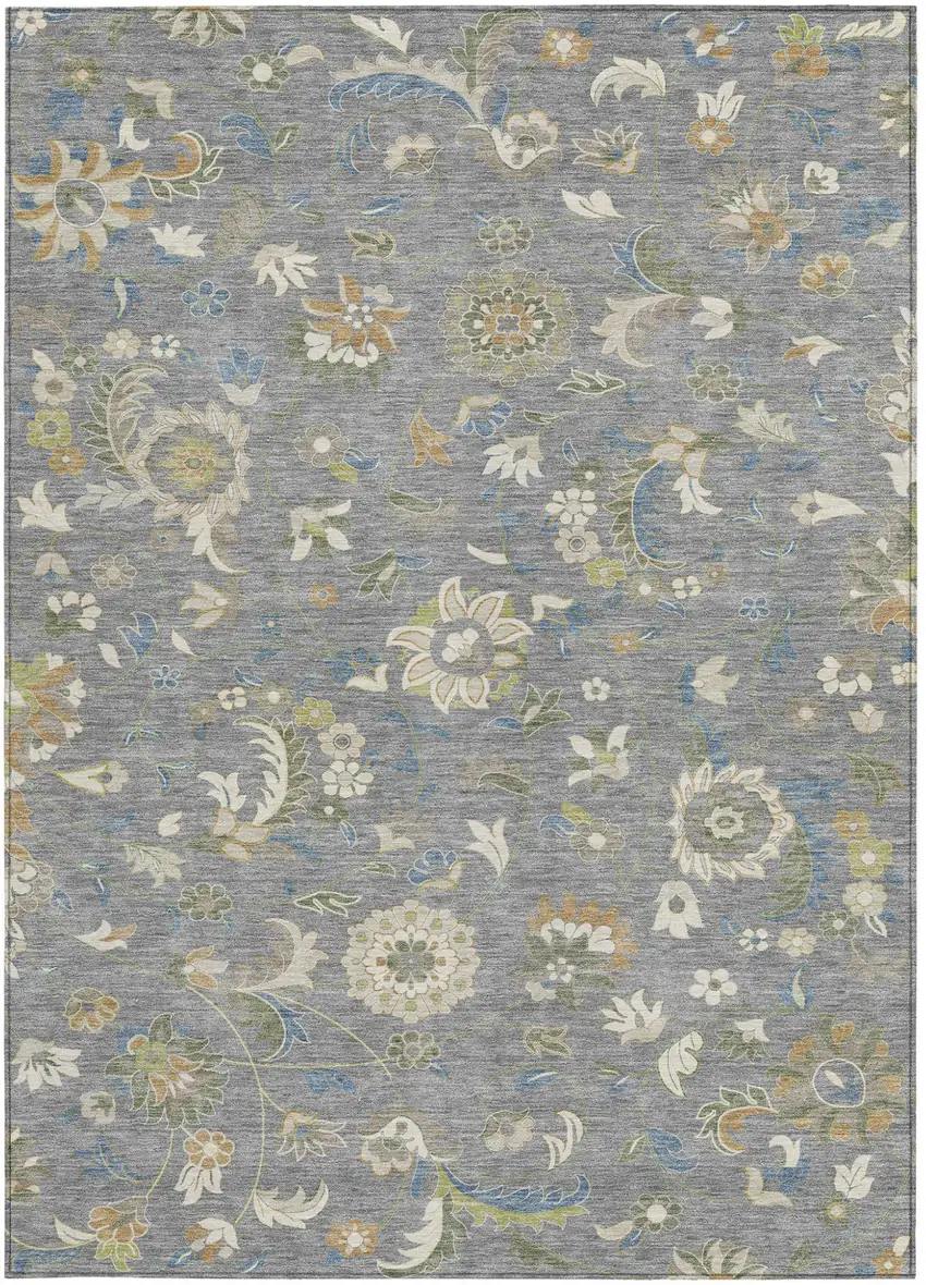 Gray Blue And Green Floral Washable Indoor Outdoor Area Rug Photo 7
