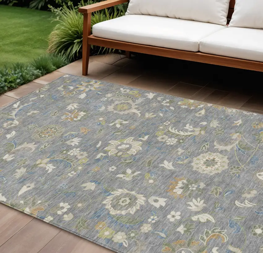 Gray Blue And Green Floral Washable Indoor Outdoor Area Rug Photo 1