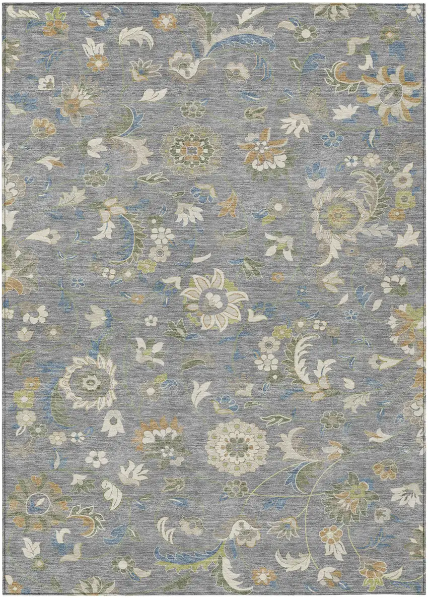 Gray Blue And Green Floral Washable Indoor Outdoor Area Rug Photo 2