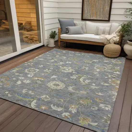 Gray Blue And Green Floral Washable Indoor Outdoor Area Rug Photo 8