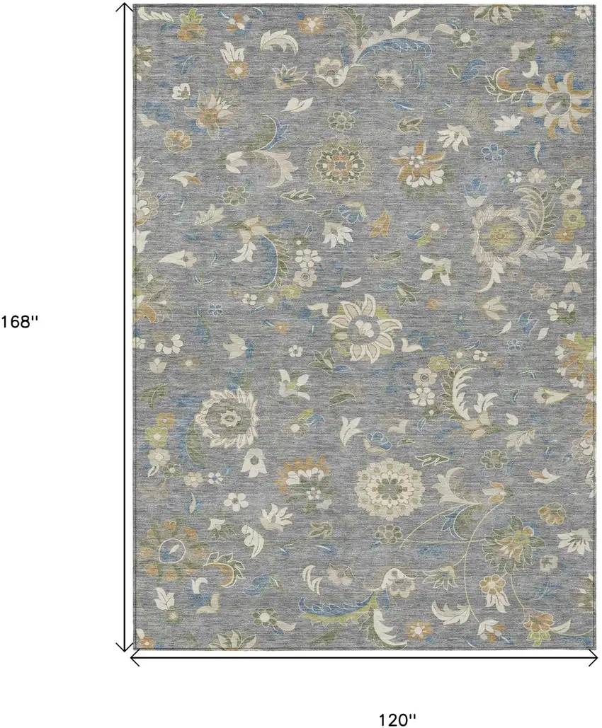 Gray Blue And Green Floral Washable Indoor Outdoor Area Rug Photo 3