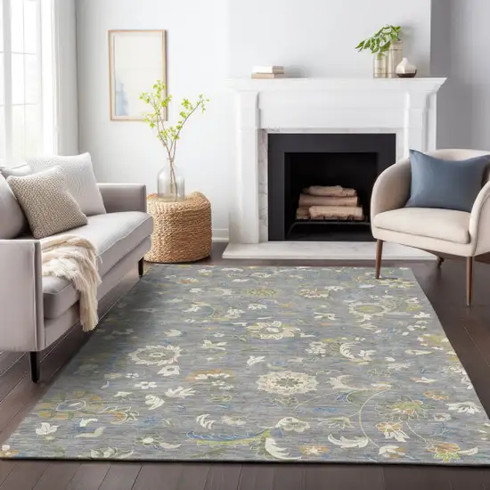 Gray Blue And Green Floral Washable Indoor Outdoor Area Rug Photo 9