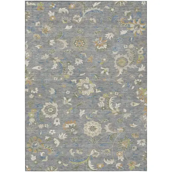Gray Blue And Green Floral Washable Indoor Outdoor Area Rug Photo 2
