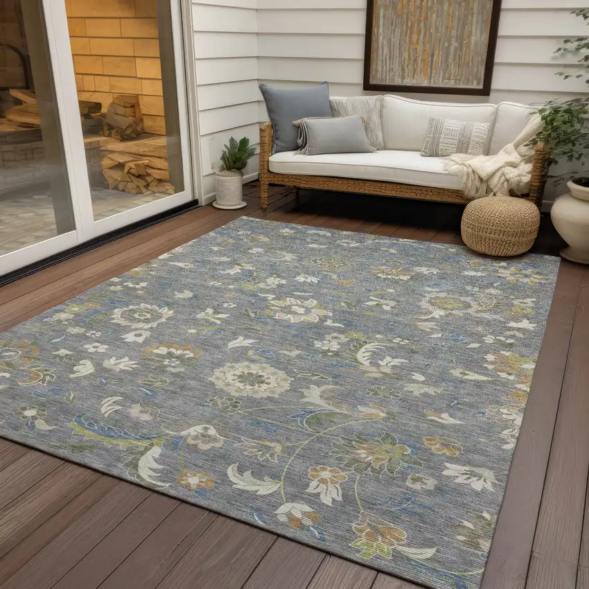 Gray Blue And Green Floral Washable Indoor Outdoor Area Rug Photo 8