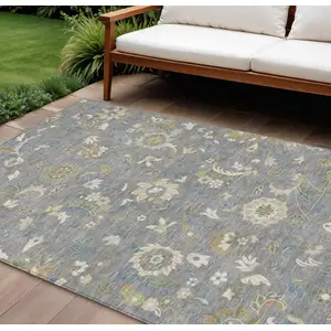 Photo of Gray Blue And Green Floral Washable Indoor Outdoor Area Rug