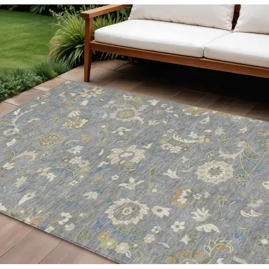 Gray Blue And Green Floral Washable Indoor Outdoor Area Rug Photo 1