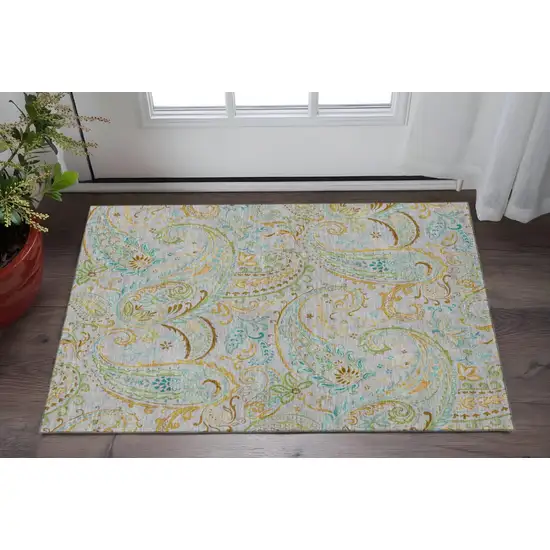 Gray Blue And Green Paisley Washable Area Rug With UV Protection Photo 2