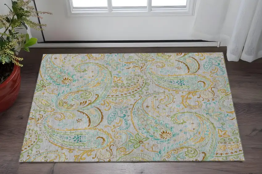 Gray Blue And Green Paisley Washable Area Rug With UV Protection Photo 2