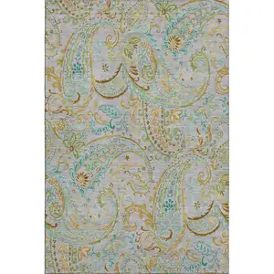 Photo of Gray Blue And Green Paisley Washable Area Rug With UV Protection