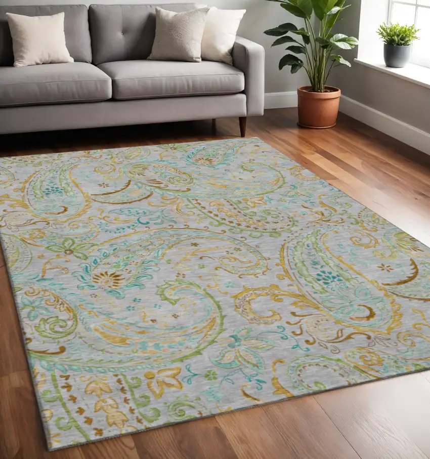 Gray Blue And Green Paisley Washable Area Rug With UV Protection Photo 2